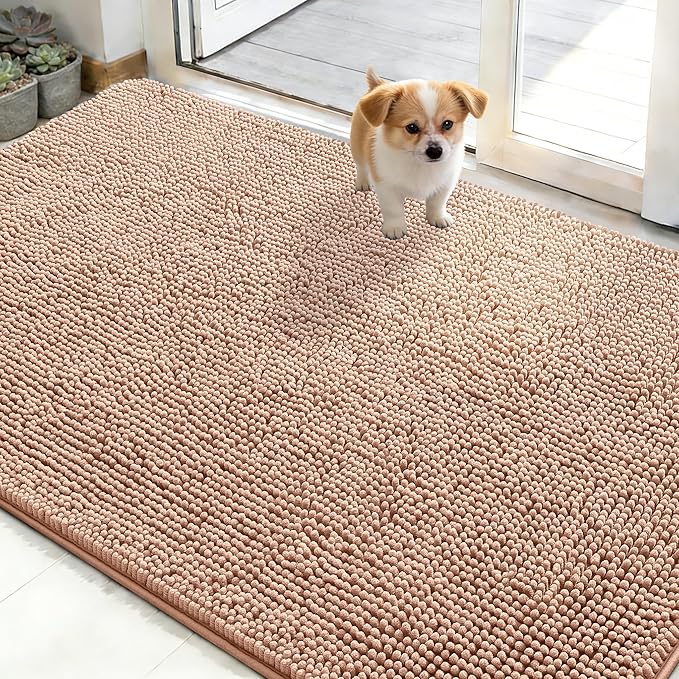 OLANLY Dog Door Mat for Muddy Paws 50x30, Absorbs Moisture and Dirt, Absorbent Non-Slip Washable Doormat, Quick Dry Chenille Mud Mat for Dogs, Entry Indoor Entryway Carpet for Inside Floor, Peach