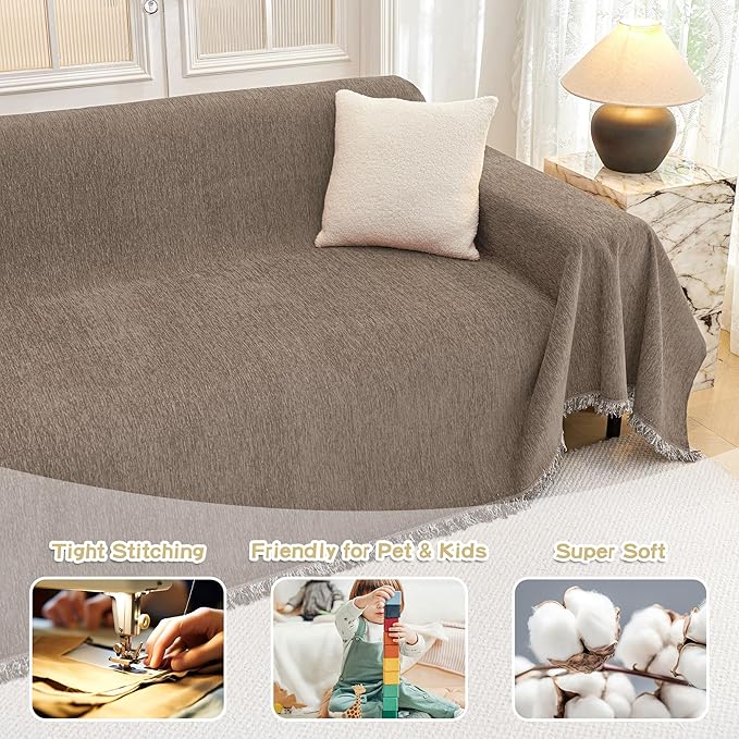 MYSKY HOME Oversized Sofa Covers Couch Covers for 3 Cushion Couch Sofa Pet Friendly, L Shaped Couch Cover Sectional Couch Cover Non Slip Furniture Protector for Kids, 91"x150", Sand