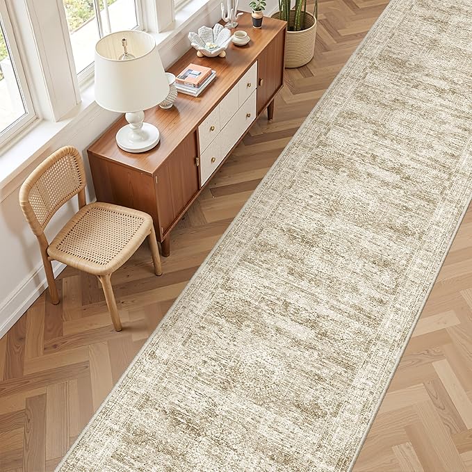 Washable Runner Rug 2.5x14, Non-Slip Long Hallway Runner for Entryway, Soft Vintage Kitchen Mats for Floor, Abstract Dining Room, Bedroom, Living Room Rugs(2.5'x14', Brown/Ivory)