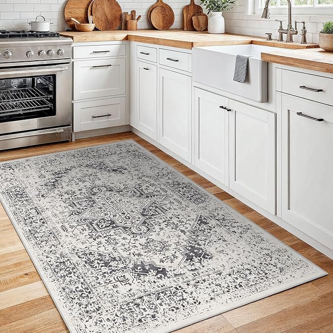 Washable 3x5 Area Rug for Entryway - Kitchen Non Slip Low-Pile Rugs Vintage Soft Thin Carpet Small Stain Resistant Mat for Bedroom Entrance Bathroom Floor Decor (Distessed Grey)
