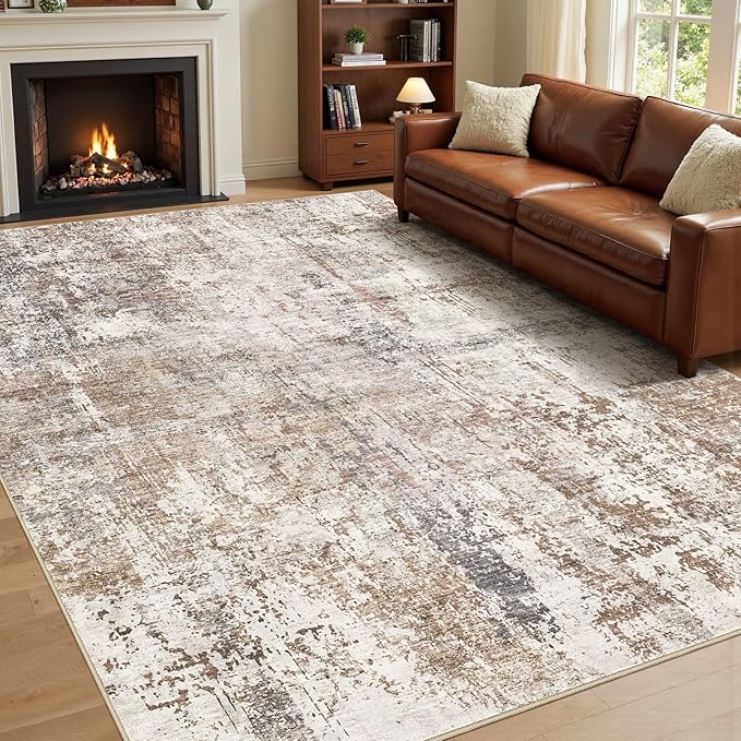 UERMEI Area Rug Living Room Rugs - Washable Neutral Modern Abstract Soft Thin Rug Indoor Floor No Slip Rug Carpet for Bedroom Under Dining Table Home Office Decor - Brown/Grey/Red - 8x10