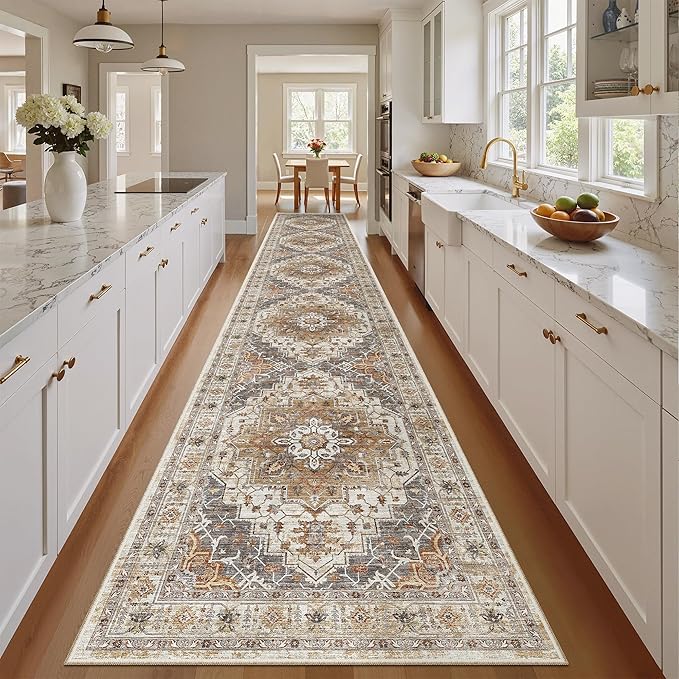 Madane Hallway Runner Rug 2'6''x14', Non Slip Vintage Runners for Hallways Washable Kitchen Rugs Soft Low Pile 2.5x14 ft Rug Runner for Laundry Room, Entryway and Bedroom, Turmeric/Grey