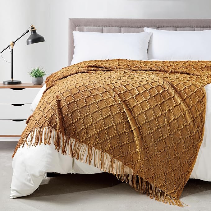BOURINA Almond Throw Blanket 50 x70 Inches Jacquard Argyle Throw Textured Solid Soft Throws and Blankets for Sofa or Bed Knitted Decorative Blanket