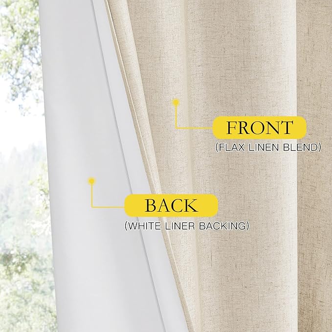 NICETOWN 100% Absolutely Blackout Linen Curtains with Thermal Insulated White Liner, Beige, W62, 2 Pieces, Noise Reducing Textured Linen Look Curtains for Windows 120 inch Length for Classroom