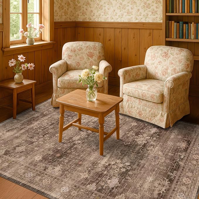Hazo Haus Taupe Brown 5x8 Rug for Living Room - Vintage Traditional Dark Neutral Geometric, Washable Foldable Non-Slip Area Rugs for Dining Under Table, Home Office, Guest Room