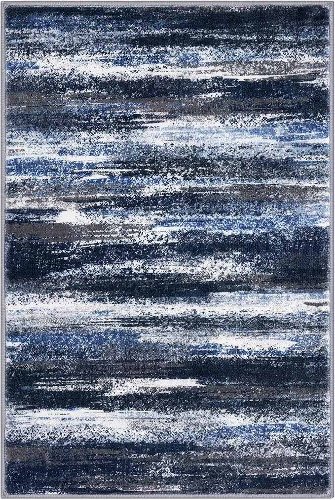 Lansny Modern Abstract Entryway Rug Indoor 2x3 Washable Rug Non-Slip Soft Small Area Rug Navy Blue Kitchen Mats Thin Print Faux Wool Floor Carpet Throw Rugs for Entrance Bedroom
