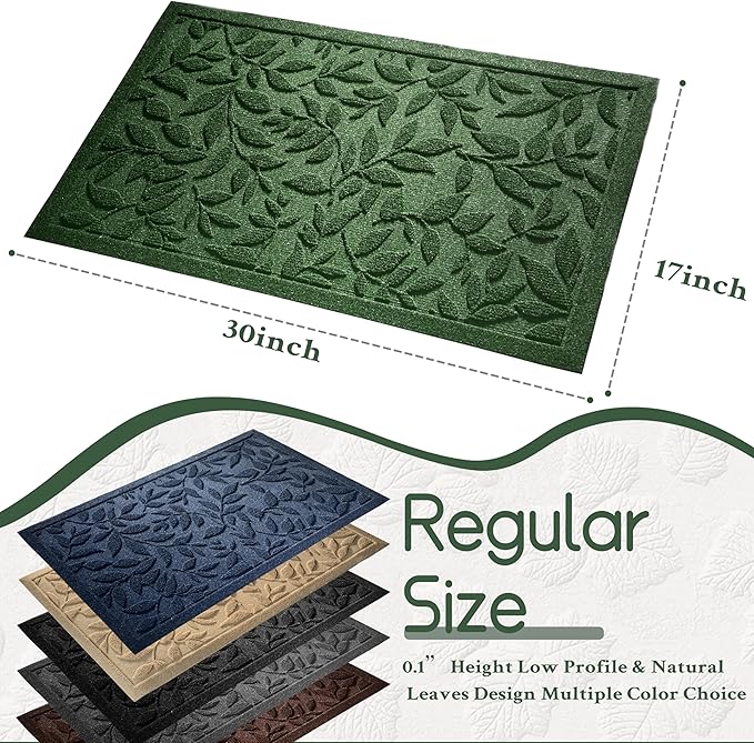 Green Leaves Outdoor Indoor Entrance Door mat, Absorbent Durable Heavy Duty Welcome Front Door Mat,Thick Natural Rubber Back,Easy Clean Entryway Mat 17x30 Inch, Low Profile