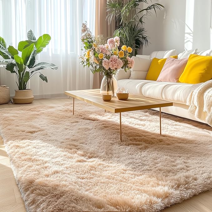 OLANLY 5x5 Area Rugs for Living Room Bedroom, Machine Washable Soft Fluffy Shaggy Bedside Rug, Indoor Floor Carpet for Kids Girls and Boys, Dorms, Nursery Rooms, Home Decor Aesthetic, Beige