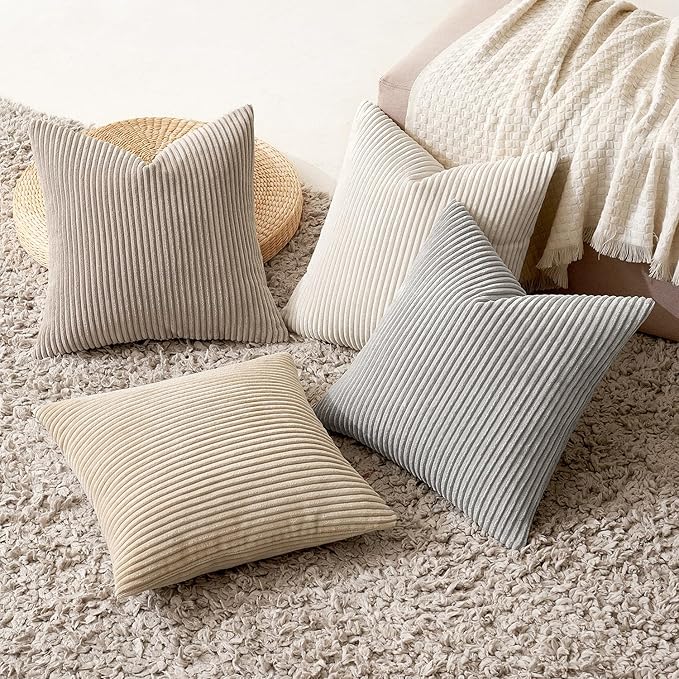 MIULEE Boho Farmhouse Throw Pillow Covers 18x18 Inch Set of 4 Neutral Tan Decorative Cushion Covers Soft Corduroy Nordic Spring Home Decor for Couch Bed Sofa Living Room