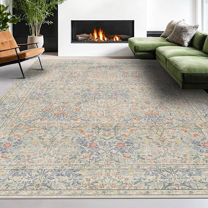 8x10 Washable Rug for Living Room - Stain Resistant Dining Room Rugs for Under Table, Soft Low Pile Large Carpet for Bedroom - Vintage Floral Non-Slip (8x10 Beige Blue)