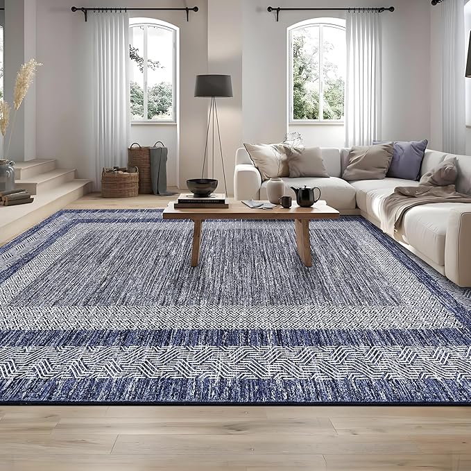 GarveeHome 2x6 Modern Bordered Runner Rug Soft Non Slip Runner Washable Non Shedding Floor Carpet, Distressed Geometric Hallway Runner, Indoor Printed Runner for Kitchen, Entrance, Blue