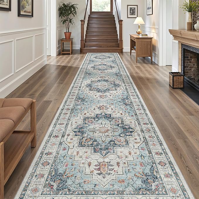 Madane Hallway Runner 3x14 - Runner Rugs 14ft Washable Entryway Rug Vintage Kitchen Runners Non Slip Indoor Area Rug Farmhouse Carpet Runner for Bathroom Living Room Bedroom, Blue