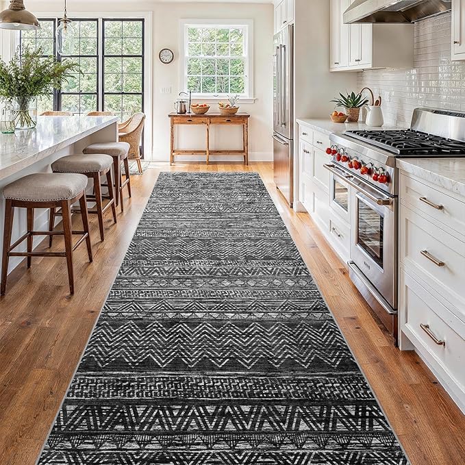 4x12 Washable Hallway Runner Rug：Moroccan Non-Slip Wide Runners for Entryway Kitchen Soft Modern Geometric Low-Pile Rugs for Living Room Thin Waterproof Carpet for Bedroom Bathroom Laundry(Black,4x12)