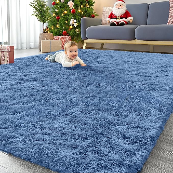 OLANLY 9x12 Machine Washable Large Area Rugs for Living Room, Bedroom, Soft Fluffy Shaggy Bedside Rug, Indoor Floor Carpet for Kids Girls and Boys, Dorms, Nursery, Home Decor, Blue