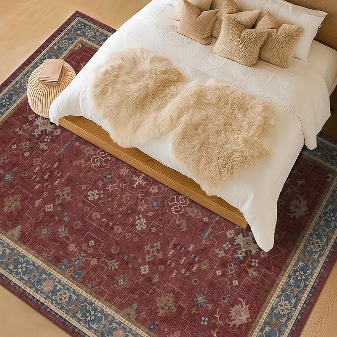 Hazo Haus Moroccan Big Rugs for Living Room - Dark Red 10x12 Area Rug for Large Bedroom, Dining Room, Washable Lightweight Foldable Oriental Burgendy Home Décor