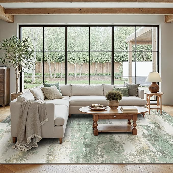 BEIMO Area Rugs 10x12 for Living Room Bedroom, Modern Abstract Machine Washable Rug, Large Soft Low Pile Floor Carpet with Non Slip Backing for Dining Room, Light Green