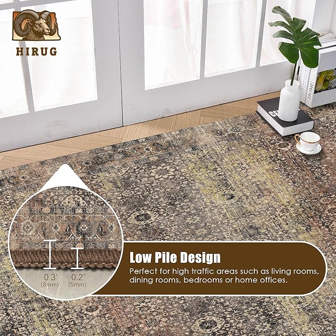 Washable Area Rug 9' x 12' Vintage Traditional Persian Mat - Foldable Distressed Non-Slip Machine Washable Carpet for Living Room Bedroom Kitchen Home Decor - Umber and Slate