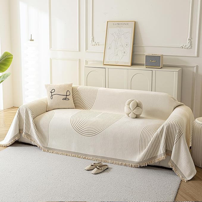 Couch Cover for Dogs, Boho Sofa Covers for 3 Cushion Couch, Chenille Sofa Slipcover for Pets Washable, L-Shape Sectional Couch Loveseat Cover Soft Throw Blankets with Tassels(71x118,Arc Beige)