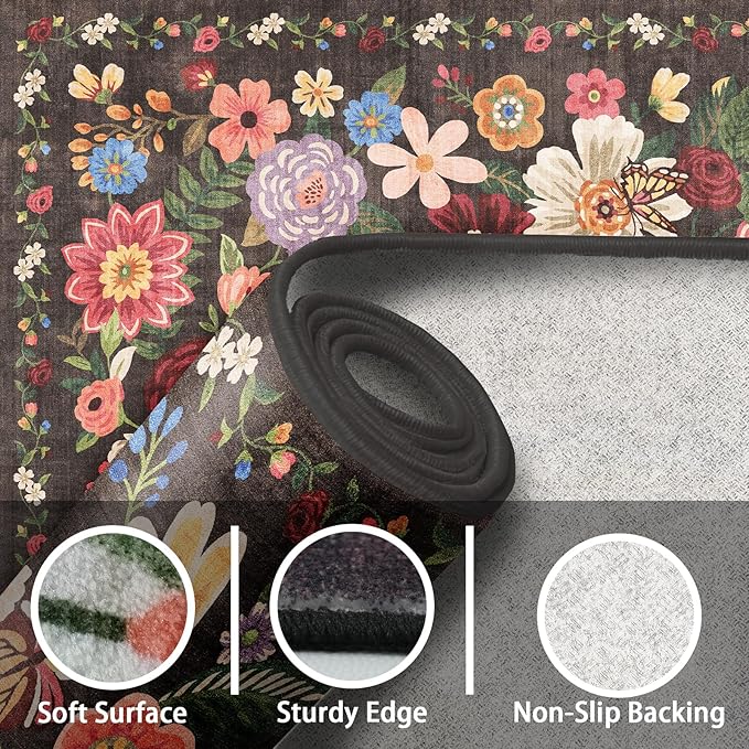 Black/Brown Rug for Hallways Kitchen Rug 2x8, Non Slip Washable Rugs with Rubber Backing Soft Floral Carpet Runner for Hallways, Kitchen, Laundry, Bedroom, Bathroom (2 x 8, Black/Brown)