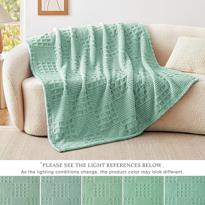 EXQ Home Fleece Throw Blanket for Couch or Bed - 3D Waffle Patchwork Pattern Jacquard Decorative Blankets - Cozy Soft Fuzzy Flannel Blanket Suitable for All Seasons(50"×60",Sage Green)
