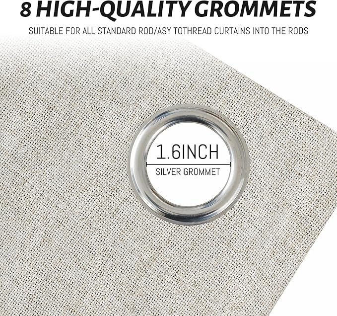 Yakamok Oatmeal Linen Curtains 100% Blackout 84 Inches Long,Room Darkening Textured Curtains for Living Room Thermal Grommet Bedroom Curtains 2 Panels with White Liner