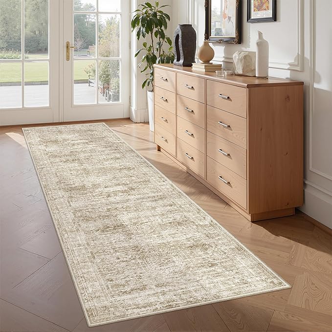 Washable Runner Rugs for Bedroom - 2x6 Runner Rug Non Slip, Ultra-Thin Entryway Runner, Soft Abstract Kitchen Runner for Hallway, Laundry, Bathroom, Indoor Door Mat(2'x6', Brown/Ivory)
