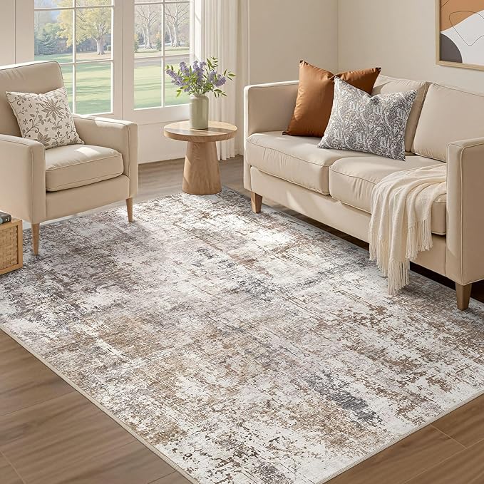 UERMEI 4x6 Area Rug Living Room Rugs - Washable Neutral Modern Abstract Soft Thin Rug Indoor Floor No Slip Rug Carpet for Bedroom Under Dining Table Home Office Decor - Brown/Grey/Red
