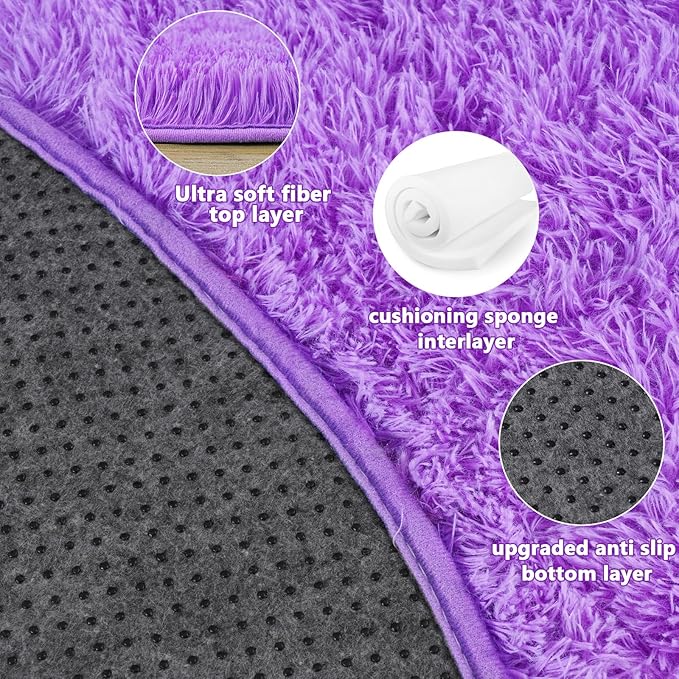 4'x4' Purple Round Rug for Bedroom, Ultra Soft Fluffy Circle Rug for Kids Girls Boys Room, Cute Shag Rugs for Living Room Playroom Teen Room Home Decor Rug
