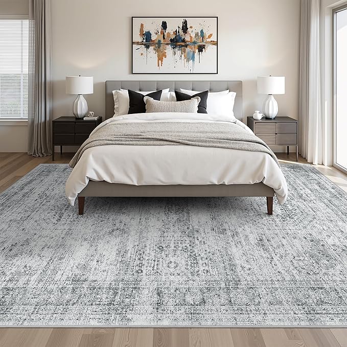 8x10 Area Rugs for Living Room, Non-Slip Backing Large Washable Rug for Nursery Room, Vintage Abstract Bedroom Rugs, Thin Indoor Home Decor Soft Farmhouse Rug (8'x10', Grey/Ivory)