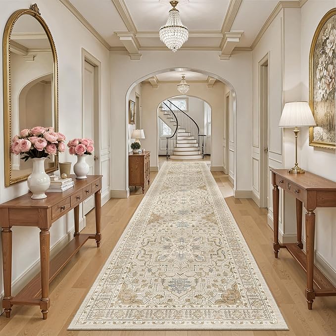 Madane Hallway Runner Rug 3x16 - Vintage Non Slip Washable 16ft Kitchen Runner for Entrance Soft Long Carpet Runners for Living Room Bathroom Low Pile Floor Mat for Bedroom Dining Room, Beige/Blue
