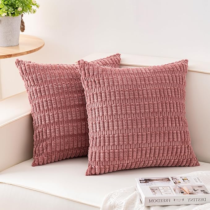 Pack of 2 Corduroy Decorative Throw Pillow Covers 18x18 Inch Soft Striped Pillow Covers Modern Farmhouse Home Decor for Sofa Living Room Couch Bed（Peach Pink）