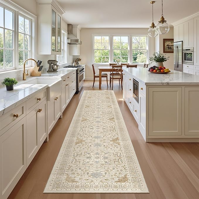 Madane Hallway Runner Rug 2x12, Long Washable Runner Rugs 12ft with Rubber Backing, Non Slip Carpet Runner, Vintage Rug Runners for Kitchen Laundry Room Entryway (Beige/Blue, 2'x12')