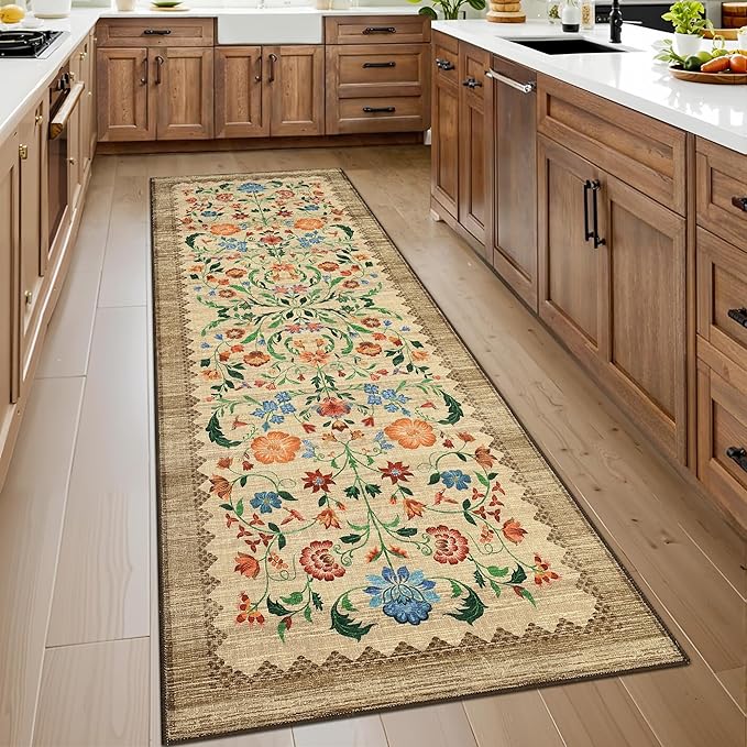 GarveeHome Floral Rug 2.5x10 Runners for Hallways, Boho Kitchen Runner Rugs Non Slip Bath Runners, Vintage Washable Runner Rug for Bedroom, Soft Long Rugs for Entryway Bathroom Laundry Dorm, Beige