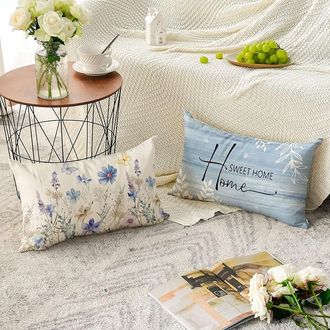AVOIN colorlife Spring Saying Flowers Butterfly Bird Throw Pillow Covers, 12 x 20 Inch Home Sweet Home Blue Cushion Case for Sofa Couch Set of 4