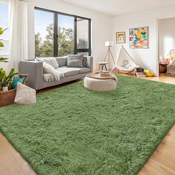 OLANLY 9x12 Machine Washable Large Area Rugs for Living Room, Bedroom, Soft Fluffy Shaggy Bedside Rug, Indoor Floor Carpet for Kids Girls and Boys, Dorms, Nursery, Home Decor Aesthetic, Green