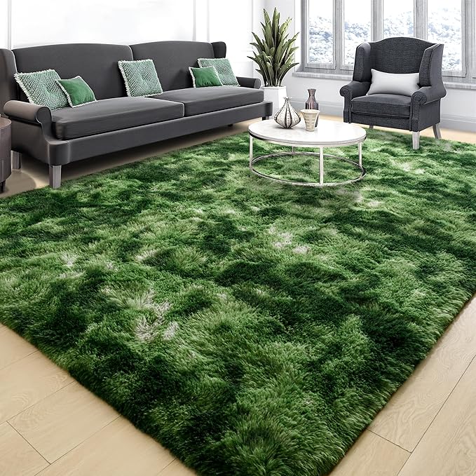 Tepook Fluffy Large Rugs for Living Room, Area Rug 6x9 Soft Carpet for Bedroom, Modern Shaggy Rug for Kids Boys Girls, Plush Indoor Nursery Home Decor Rug with Non-Slip Bottom, Tie-Dyed Dark Green