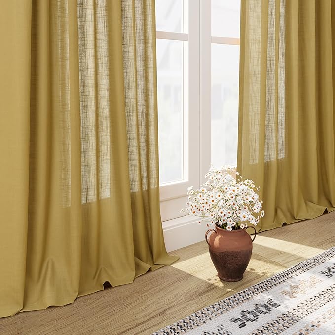 Nanspring Gold Linen Curtains 102 Inches Long Rod Pocket Back Tab Drapes 2 Panels Set for Living Room Bedroom Light Filtering Semi Sheer Gold Curtain 102 Length for Patio Door 52x102