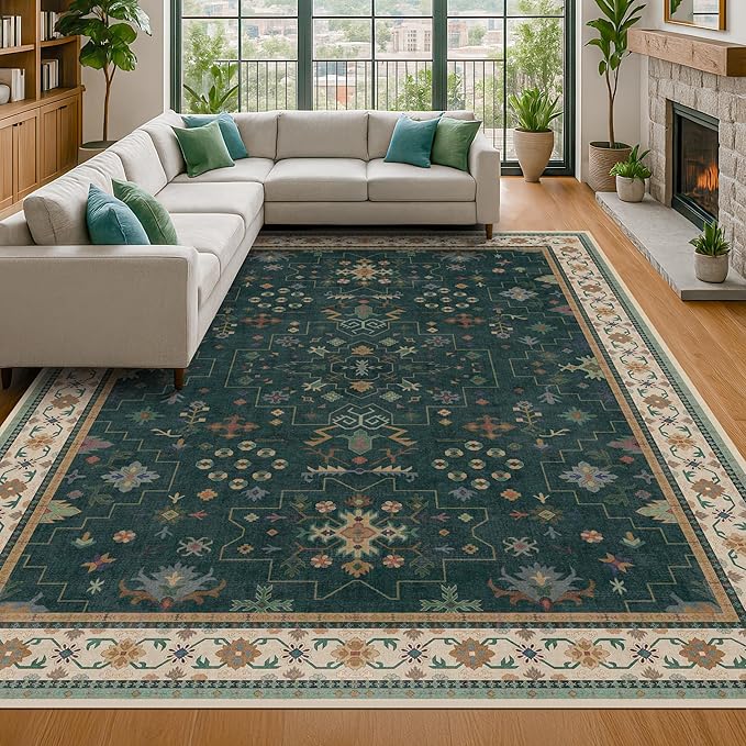 Hazo Haus Dark Green Vintage 7x10 Washable Rugs for Living Room - Dark Academia Victorian Floral Geometric Bedroom Rug, Ultra Soft Thin Low Pile Non-Slip Large Rugs for Lounge
