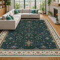 Hazo Haus Dark Green Vintage 7x10 Washable Rugs for Living Room - Dark Academia Victorian Floral Geometric Bedroom Rug, Ultra Soft Thin Low Pile Non-Slip Large Rugs for Lounge