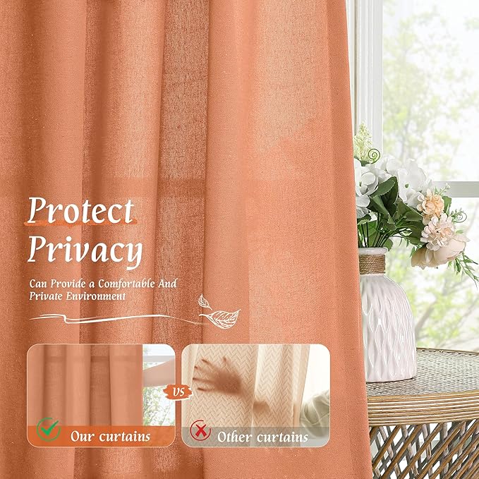 LAMIT Terracotta Linen Boho Curtains 84 inch Length 2 Panels, Light Filtering Burnt Orange Drapes Rod Pocket Western Rustic Panels for Bedroom/Living Room, 52 x 84 Inch