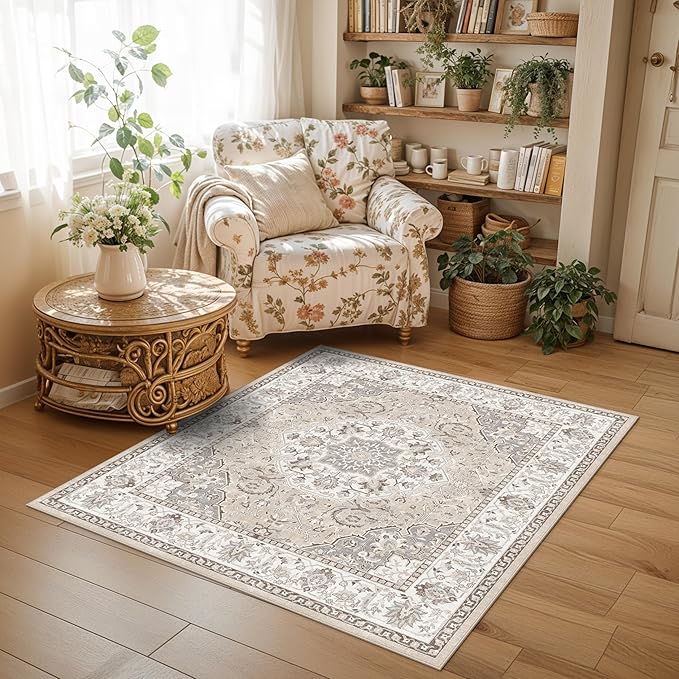 Washable 5x5 Square Area Rugs: Indoor Non-Slip Entryway Kitchen Rugs Oriental Stain-Resistant Bathroom Laundry Floor Mat Water Resistant Light Weight Carpet for Living Room Bedroom Nursery(5x5,Beige)