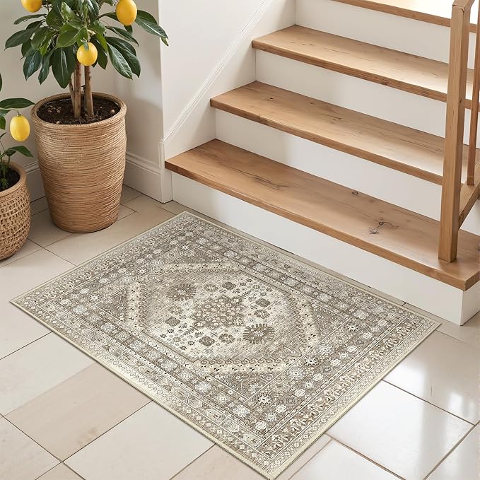 Entryway Rug - 2x3 Washable Rug Runner for Bathroom, Laundry Room, Kitchen, Soft Vintage Hallway Runner for Bedroom, Non-Slip Door Mat Indoor Entrance(Brown,2'x3')