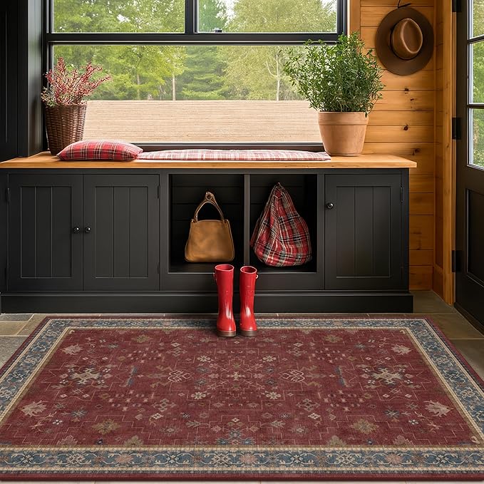 Turkish 4x6 Rug for Living Room Small - Area Rug for Kitchen, Bedside, Foyer Large Entryway Indoor - Washable Stain Resistant Non Slip, Unique Victorian Art Deco, Maroon & Burgundy