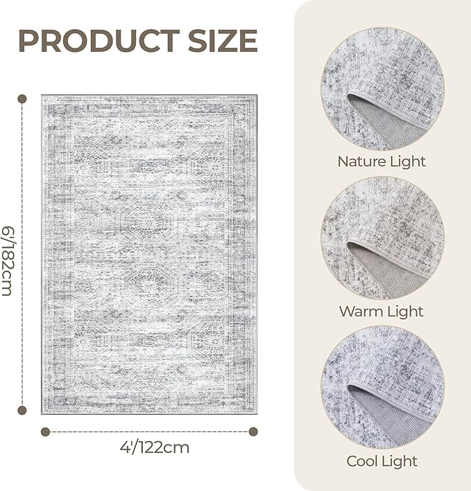 Area Rugs 4x6 for Living Room, Non-Slip Backing Small Kids Rugs for Bedroom, Vintage Abstract Rug Home Decor, Low Pile Soft Washable Rug for Kitchen, Dining Room (4'x6', Grey/Ivory)