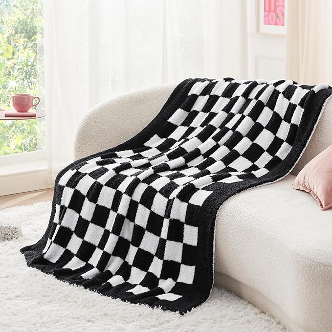 Bedsure GentleSoft Cozy Soft Throw Blanket, Black Checkered Fluffy Blankets, Lightweight Warm Knit All Season Throw Blankets for Couch Bed Sofa, Travel, Birthday Gifts for Women, Men, 50x60 Inches
