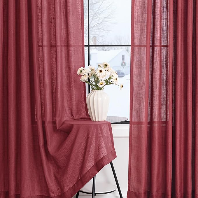 Burgundy Curtains for Living Room Back Tab Modern Farmhouse Semi Sheer Burgundy Curtains 120 inches Long 2 Panels Set Muted Neutral Window Curtain for Dining Room Bedroom 52x120