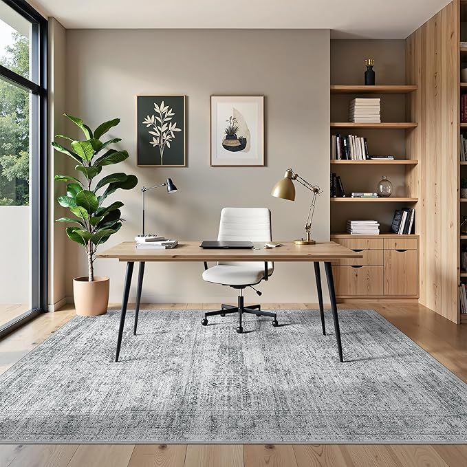 6x9 Rug for Living Room,Soft Low Pile Indoor Washable Rugs for Bedroom, Non-Slip Backing Vintage Large Area Rug, Printed Abstract Carpet(6'x9', Grey/Ivory)