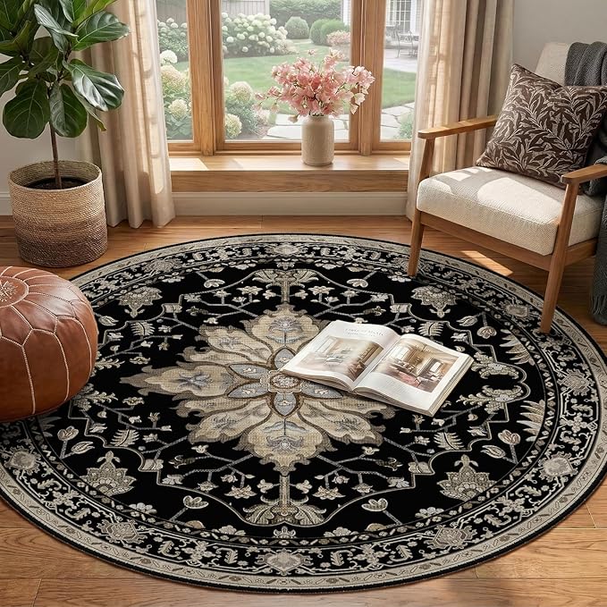 Area Rugs 4ft Washable Non-Slip, Floral Vintage Distress Print Pattern Medallion Carpet for Living Room Bedroom Dining Room, Black Brown Neutral Dark Tan
