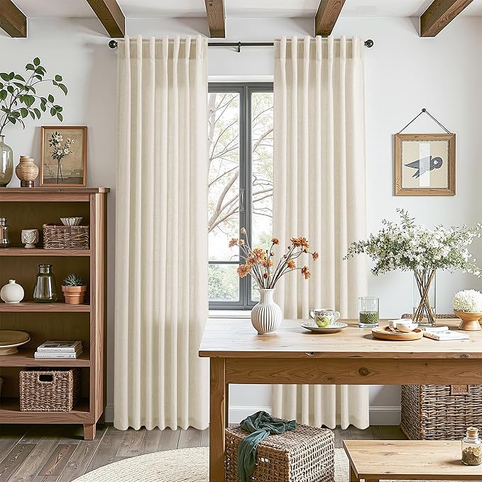 Birch Beige Linen Curtains 80 Inch Length for Living Room Light Filtering Semi Sheer Curtain Back Tab Modern Farmhouse Decor Elegant Luxury Coastal Drapes for Bedroom Dinner Room 52x80, 2 Panels