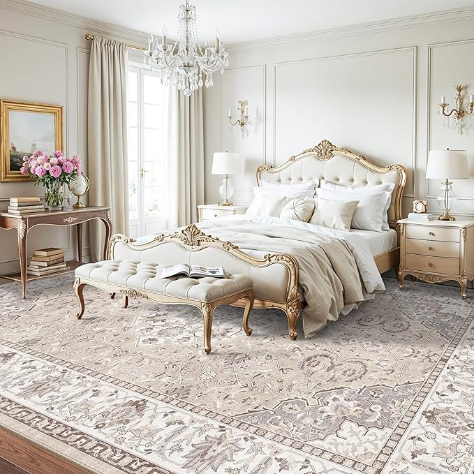 12x15 Living Room Area Rug: Oriental Large Neutral Bedroom Carpet Soft Distressed Floor Mat with Non-Slip Backing Indoor Ultra Thin Water-Resistant Dining Room Rug Farmhouse Home Decor(12x15 Beige)